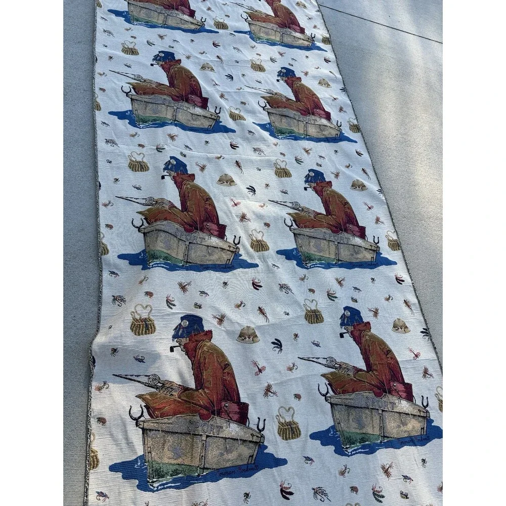 Norman Rockwell Vintage Fabric 4.5ft x 32ft Fishing Tapestry Yardage Textile